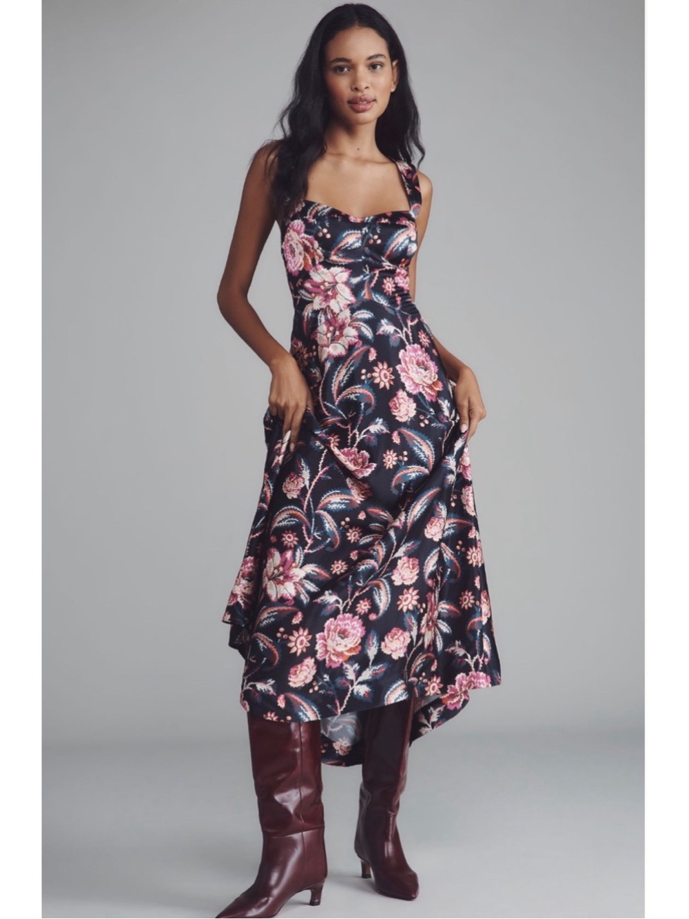 Anthropologie Maeve Jocelyn Floral Slip Midi Dress Black Pink Wedding Guest L